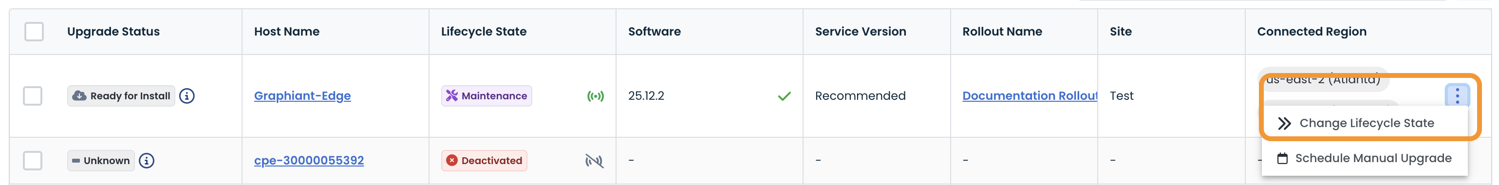 Table displaying upgrade statuses, host names, and lifecycle states for software management.